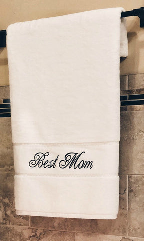 Image of towel for mom, bath towel gift, best mom towel, embroidered towel 