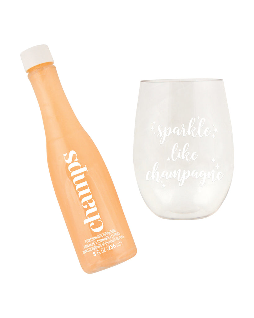 champagne bubble bath gift set with bubble bath and glass