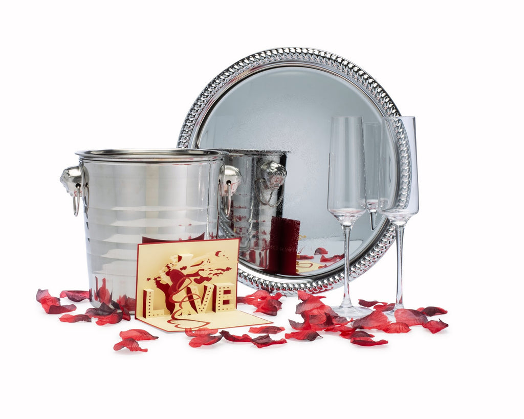 serving tray champagne bucket flutes romantic greeting card and rose petals for romantic night