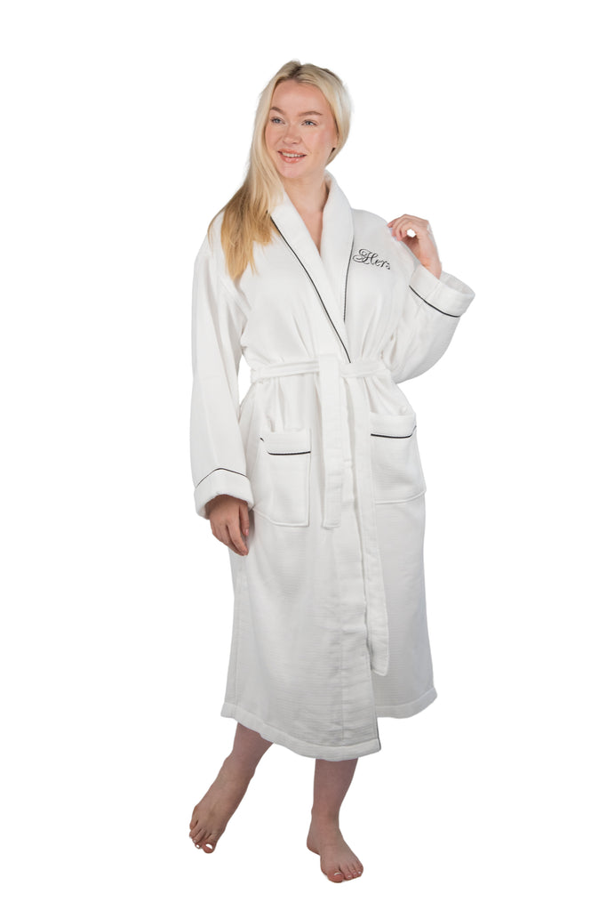 white velour robe with black piping and hers monogram
