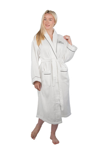 Image of white velour robe with black piping and hers monogram