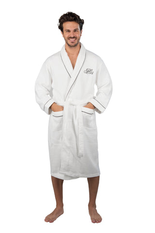 Image of white velour robe with black piping and his monogram