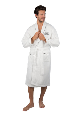 Image of mens robe with black piping and his monogram