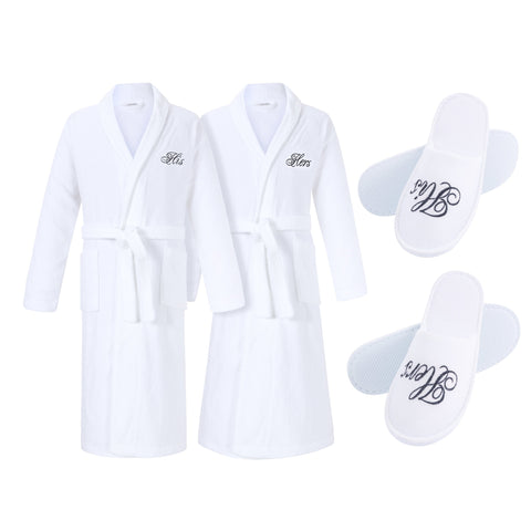 Image of his and hers couple bathrobes and matching slippers