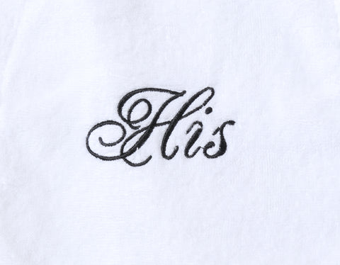 Image of His stitching on couples matching his and hers bathrobes for wedding gifts