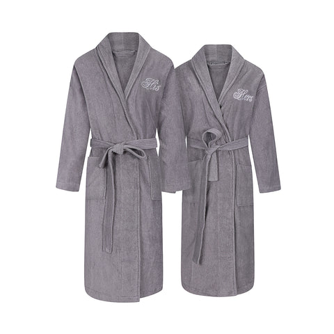 Image of grey his and hers robes for couples