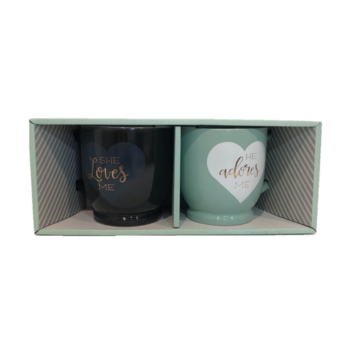 Image of she loves me he adores me mug set for couple