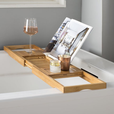 Image of extendable bamboo bath caddy