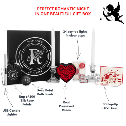 Image of romance kit for couples with candles and rose petals valentines day