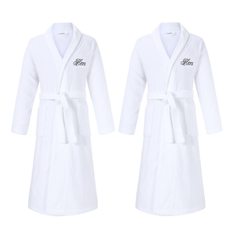 Image of hers and hers lesbian bathrobes gift set for lesbian anniversary and wedding gifts